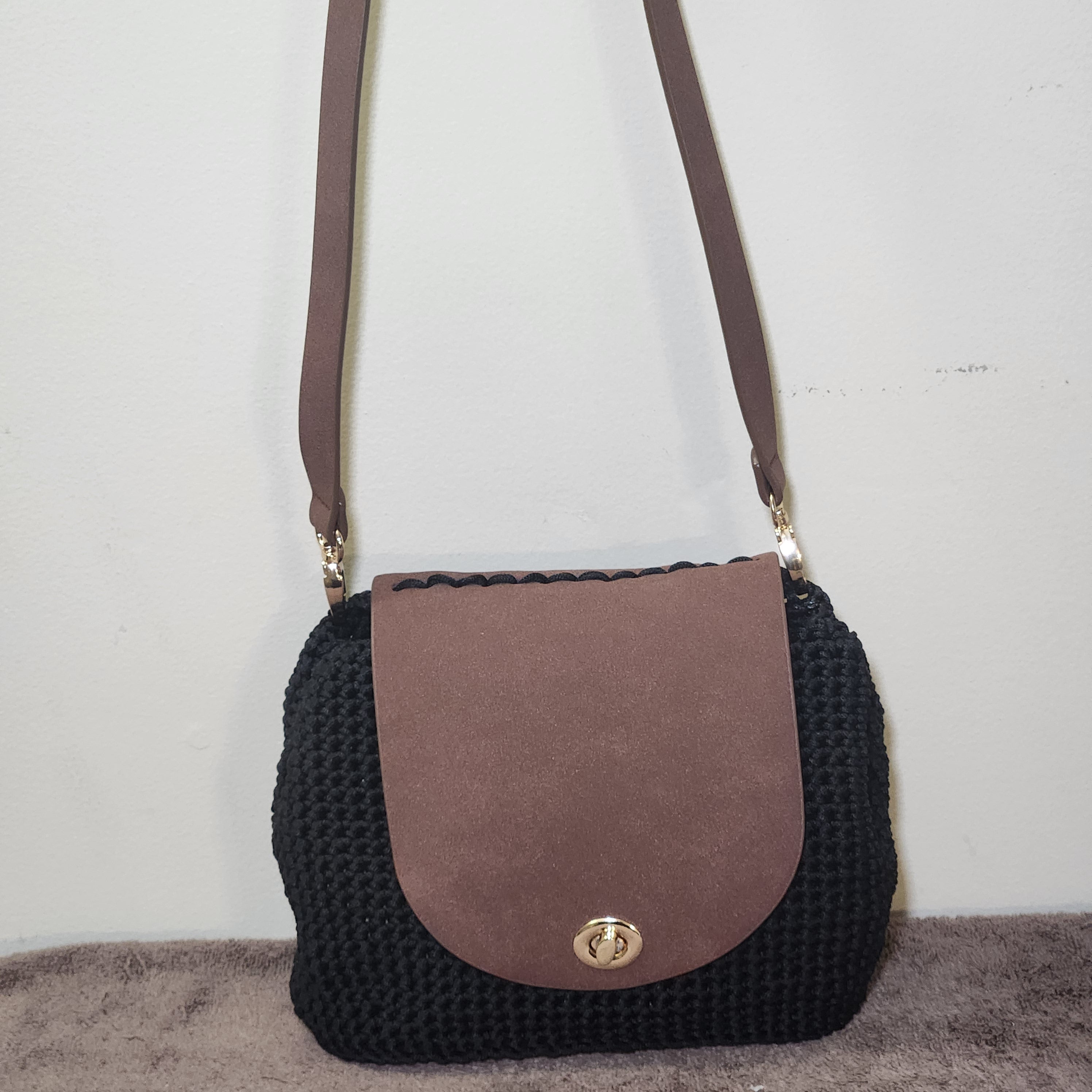 Crochet Handbags w/ Leather Flap & Bottom