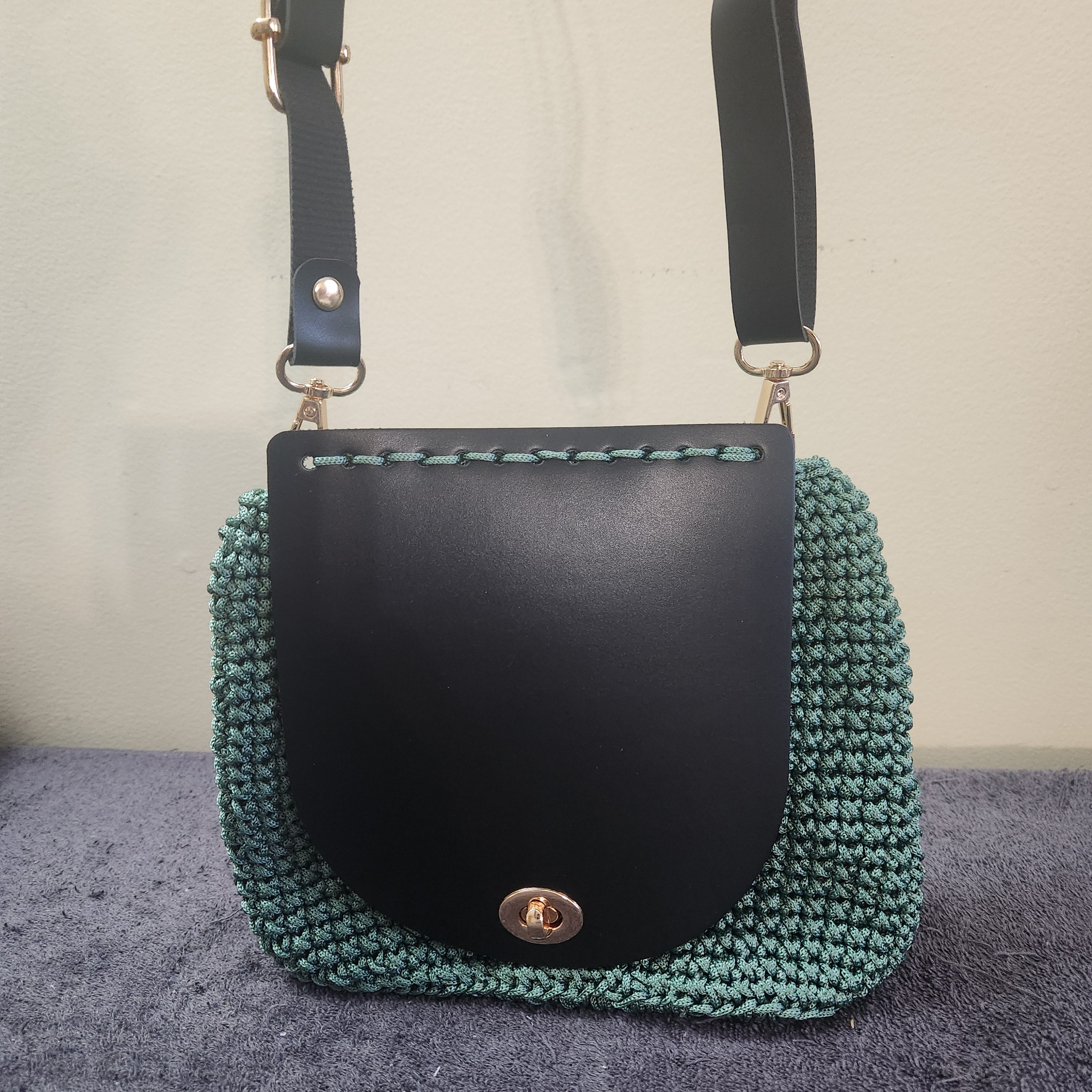 Crochet Handbags w/ Leather Flap & Bottom
